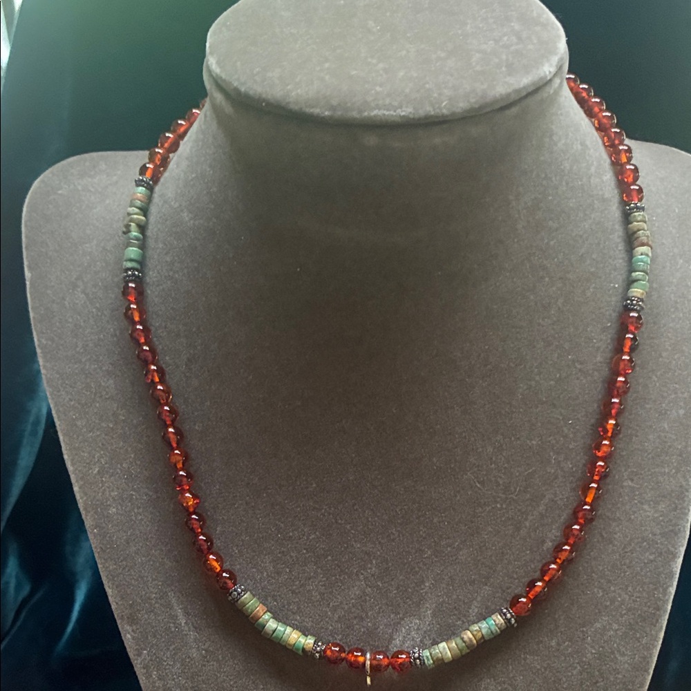 Elegant Amber & Vintage Southwest Genuine Turquoise Beaded Necklace
